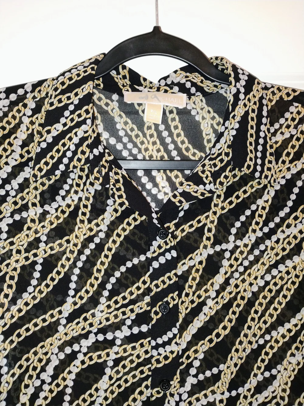 Michael Kors Chain Link Print Sharkbite Hem Blouse Black Gold Vintage Size PL